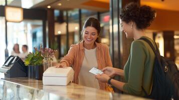 A woman checks in at a hotel reception desk while another staff member prepares her room key on a busy afternoon photo