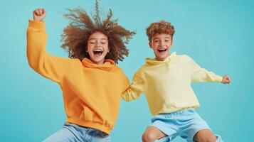 Two children joyfully jumping in colorful hoodies against a bright blue background on a sunny day photo