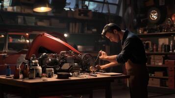 Mechanic working on a vintage engine in a well-lit garage filled with tools and car parts during the late afternoon photo