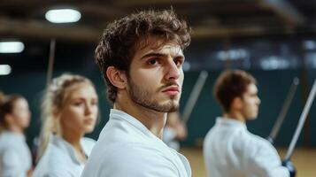 Young fencer in training at a sports facility during a practice session under bright indoor lights photo