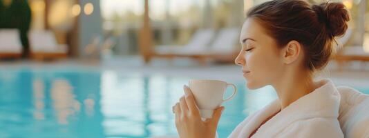 A woman enjoying a warm drink while relaxing by a serene pool on a sunny day in a luxury resort setting photo