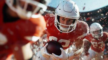Exciting football action in bright orange uniforms during a sunny autumn afternoon at a packed stadium photo