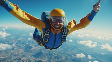 A joyful skydiver enjoying a free-fall from a great height above scenic landscapes during a bright sunny day photo