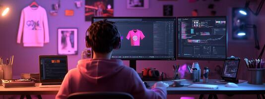A creative designer works late at night in a vibrant studio with dual monitors, focusing on graphic design and digital art projects photo