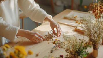 Creating a beautiful arrangement with dried flowers on a wooden table in a cozy crafting space during the afternoon photo