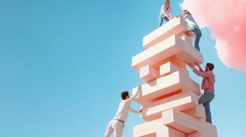 Group of friends building a large tower of blocks under a bright blue sky with pink clouds on a sunny day in an outdoor setting photo