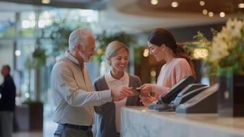 Friendly hotel check-in experience with guests and receptionist in a modern lobby during daytime photo