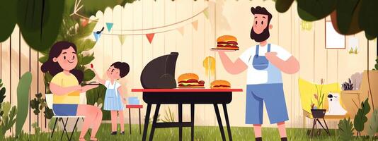 Family enjoying a backyard barbecue with burgers during a sunny day in a vibrant garden setting photo
