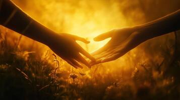Two hands reaching out to each other in a warm, golden glow during sunset in a serene outdoor setting photo