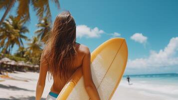 A surfer walks along a tropical beach while holding a surfboard under the bright sun on a clear day photo
