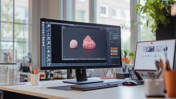 A modern workspace showcasing computer-generated graphics on multiple monitors during a bright day in a creative studio photo