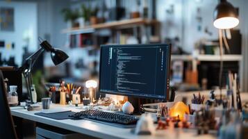 A modern workspace during evening hours showcases a computer screen displaying code along with various desk items for productivity photo