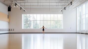 A dancer practices alone in a spacious studio with large windows letting in natural light during afternoon hours photo