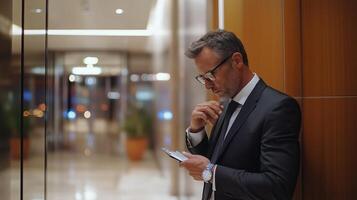 Businessman in suit checks messages on smartphone while waiting in a modern hotel lobby during evening photo