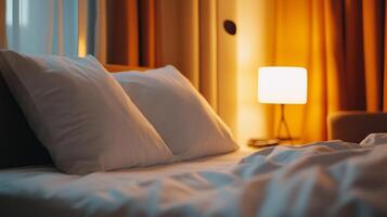 Cozy bedroom with a neatly made bed and warm ambient lighting in a softly illuminated room during evening hours photo