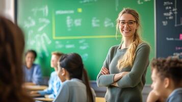 A confident teacher engages students in a vibrant classroom setting during an interactive lesson on a green chalkboard photo