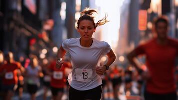 Runner competing in a city marathon during sunset in a bustling urban environment with other participants in the background photo