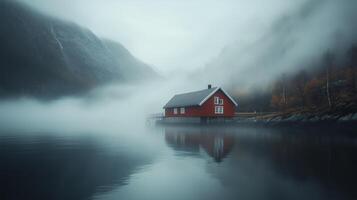 A serene red cabin nestled by tranquil waters surrounded by misty mountains at dawn photo