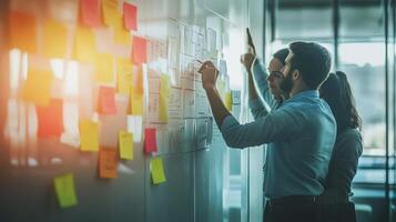 Team collaboration on project planning during a brainstorming session in a modern office space with colorful sticky notes photo