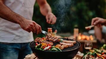 Grilling delicious meats and vegetables outdoors during a summer barbecue gathering in a lush backyard setting photo