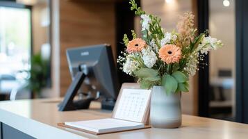 Elegant flower arrangement on a reception desk in a contemporary office environment during daytime hours photo