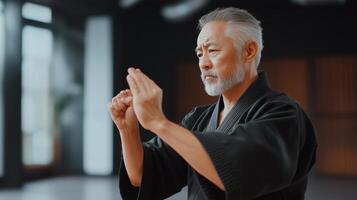 An older martial artist practices traditional moves in an indoor dojo setting during a morning training session photo