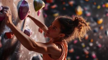 A young woman climbs a colorful bouldering wall indoors in the evening, showcasing skill and determination in her sport photo