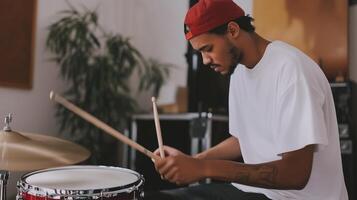 Young man drumming with focus in a cozy music studio during daylight hours photo
