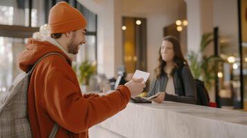 Young man checks into a hotel lobby while handing over a reservation confirmation at the reception desk photo