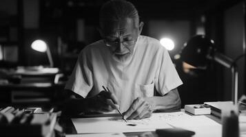 Elderly artist creating intricate designs at a desk in a dimly lit studio during the evening photo