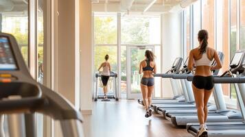 Three women running on treadmills in a bright modern gym during the afternoon, promoting a healthy lifestyle and fitness activities photo