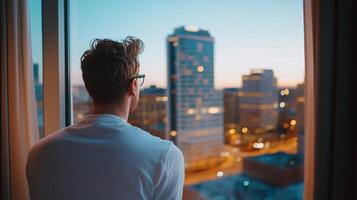 A young man gazes out the window at a city skyline during dusk, capturing a moment of contemplation and tranquility photo