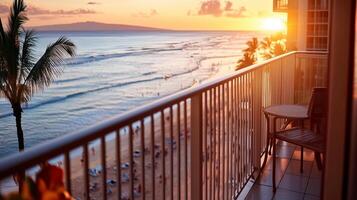 Stunning sunset view from a balcony overlooking the beach in Maui, Hawaii, with palm trees swaying gently in the breeze photo