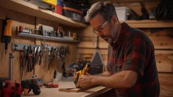 Craftsman working diligently in a cozy woodshop, using a cordless drill to shape wood on a sunny afternoon photo