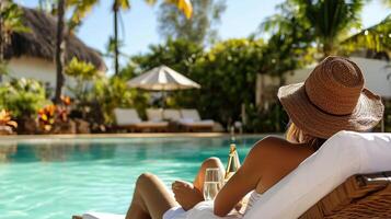 Relaxing by the luxurious pool under the sun at a tropical resort, enjoying the tranquility and refreshing drinks in a beautiful setting photo