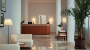 Modern hotel lobby featuring an elegant reception desk and inviting seating areas with natural light during daytime photo