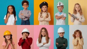 Diverse group of children wearing various occupation outfits against colorful backgrounds in a playful setting photo