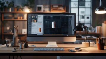 A modern workspace featuring a computer with design software open, surrounded by creative tools and a cozy atmosphere photo