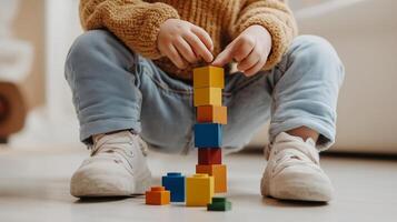 Child building a colorful tower with blocks indoors during a playful afternoon photo