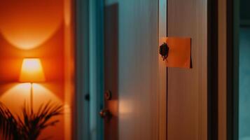 A cozy hallway with warm lighting and a decorative door sign at dusk in a modern home setting photo