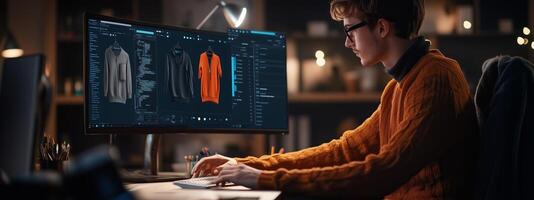 Young designer working on digital apparel mockups in a dimly lit studio during the evening hours photo