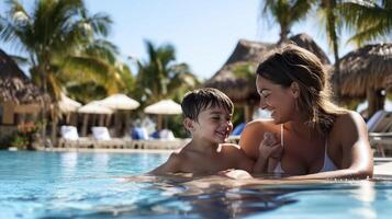 A mother enjoys a warm day at the tropical resort pool with her smiling son, creating lifelong memories under the sun photo