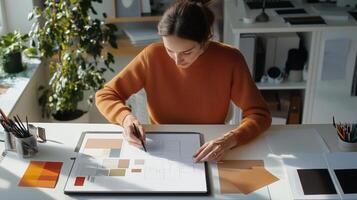 A designer creating layout plans in a bright studio filled with plants and design materials in the early afternoon photo