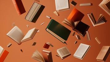 Floating books in mid-air against a warm orange background create a whimsical and imaginative literary atmosphere photo