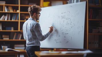 A young man sketches ideas on a whiteboard in a library during a creative brainstorming session early in the morning photo
