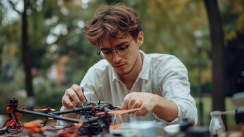 Young man assembling a drone outdoors in a park on a sunny day, engaged in a detailed hobby project focused on technology photo