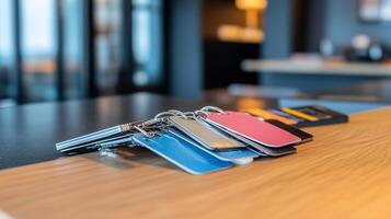Several keychains in various colors positioned on a wooden table in a modern design space during daylight hours photo