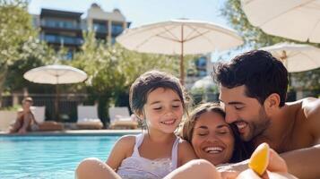 Family enjoying a sunny day at the pool with laughter and fun in a lively resort environment in the summer photo
