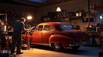 Classic car restoration in a dimly lit garage during the evening with a vintage vehicle being worked on by a focused mechanic photo