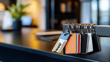 Keys hanging on a rack at a modern reception desk in a stylish hotel lobby during daytime photo